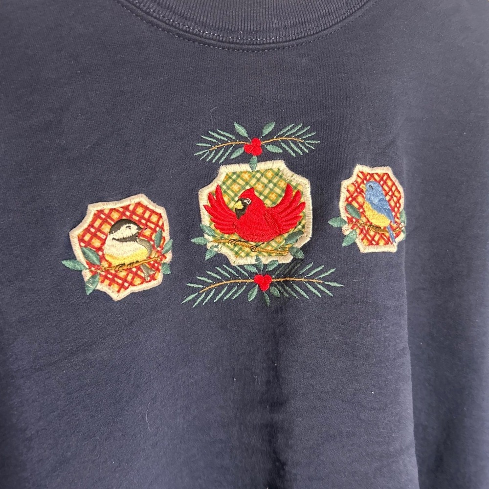 VINTAGE Top Stitch Sweatshirt Womens Blue Embroidered Bird Cardinal Cottagecore - Picture 4 of 7